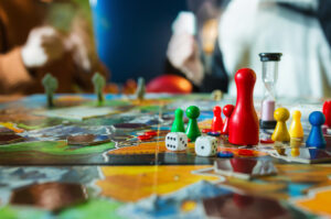 A close-up of a board game on a table. 