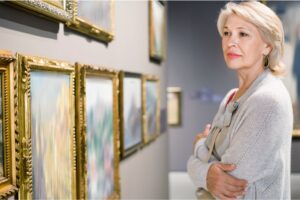 A woman looking at art in a gallery.