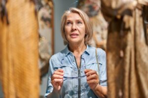 A woman looking at art in a gallery.